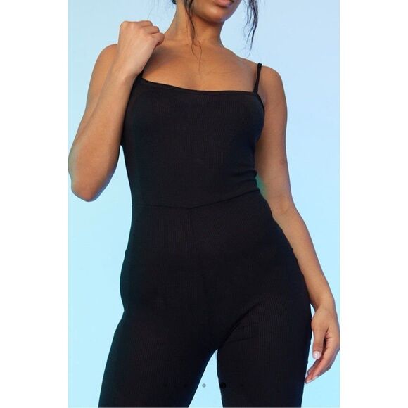 PLT NWT Black Ribbed Strappy Square Neck Flared Jumpsuit Fall Streetwear Chic - Picture 4 of 12
